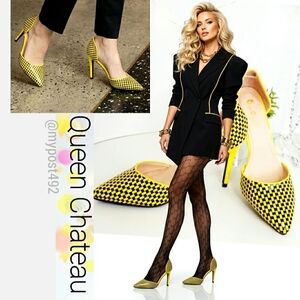 Vtg Queen Chateau💛Yellow Patent Checkered Pointy High Heels